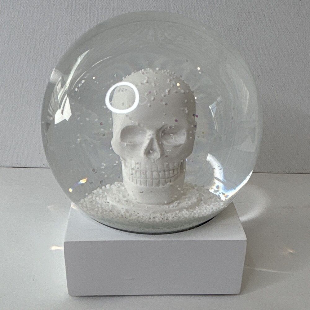 CB2 Skull White Snow Globe Halloween Gothic Skeleton Glitter Snowglobe 409-984